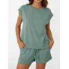 imageAUTOMET Womens Crew Neck Two Piece short Sets Cap Sleeve Drawstring Summer Sweatsuit with PocketSage Green
