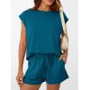imageAUTOMET Womens Crew Neck Two Piece short Sets Cap Sleeve Drawstring Summer Sweatsuit with PocketTeal