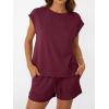 imageAUTOMET Womens Crew Neck Two Piece short Sets Cap Sleeve Drawstring Summer Sweatsuit with PocketWine Red