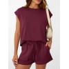 imageAUTOMET Womens Crew Neck Two Piece short Sets Cap Sleeve Drawstring Summer Sweatsuit with PocketWine Red