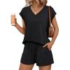 imageAUTOMET 2 Piece V Neck Cap Sleeve Shirt and Shorts Set Womens Matching Summer Lounge SetsBlack
