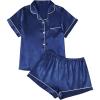 imageAUTOMET Women Silk Satin Fall Pajama Set Matching Lounge Pjs Button Up Soft 2 Piece Suit Ladies Tops and ShortsNavy