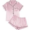 imageAUTOMET Women Silk Satin Fall Pajama Set Matching Lounge Pjs Button Up Soft 2 Piece Suit Ladies Tops and ShortsPink