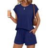 imageAUTOMET Womens Crew Neck Two Piece short Sets Cap Sleeve Drawstring Summer Sweatsuit with PocketNavy Blue
