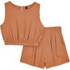 imageAUTOMET Womens Summer 2 Piece Outfits Shorts Sets Sleeveless Round Neck Crop Tank Top and High Waisted Short with PocketsLightbrown