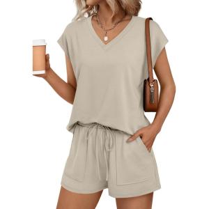 imageAUTOMET 2 Piece V Neck Cap Sleeve Shirt and Shorts Set Womens Matching Summer Lounge SetsKhaki
