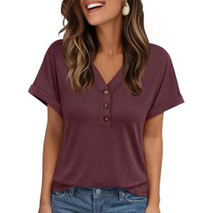 imageAUTOMET Short Sleeve V Neck T Shirts Womens Cap Sleeve Summer Casual Dressy TopsWine