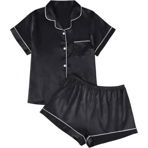 imageAUTOMET Women Silk Satin Fall Pajama Set Matching Lounge Pjs Button Up Soft 2 Piece Suit Ladies Tops and ShortsBlack