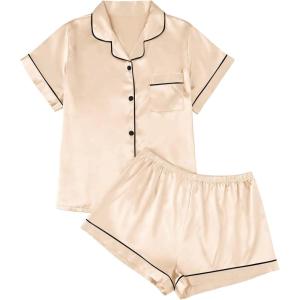 imageAUTOMET Women Silk Satin Fall Pajama Set Matching Lounge Pjs Button Up Soft 2 Piece Suit Ladies Tops and ShortsGold