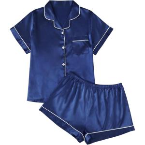 imageAUTOMET Women Silk Satin Fall Pajama Set Matching Lounge Pjs Button Up Soft 2 Piece Suit Ladies Tops and ShortsNavy