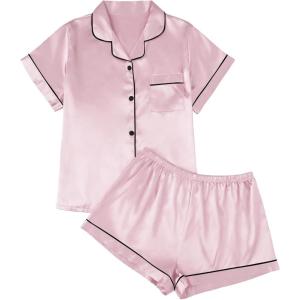 imageAUTOMET Women Silk Satin Fall Pajama Set Matching Lounge Pjs Button Up Soft 2 Piece Suit Ladies Tops and ShortsPink