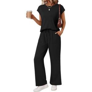 imageAUTOMET Womens 2 Piece Lounge Set Casual Cap Sleeve Top Wide Leg Pants Summer Vacation OutfitsBlack