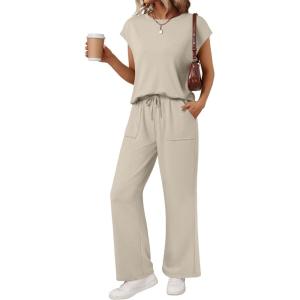 imageAUTOMET Womens 2 Piece Lounge Set Casual Cap Sleeve Top Wide Leg Pants Summer Vacation OutfitsKhaki