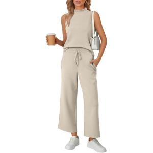 imageAUTOMET Womens 2 Piece Mock Neck Matching Summer Tracksuit Set Sleeveless Tank Top Wide Leg Crop Pant SetsBeige