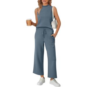 imageAUTOMET Womens 2 Piece Mock Neck Matching Summer Tracksuit Set Sleeveless Tank Top Wide Leg Crop Pant SetsBlue Grey