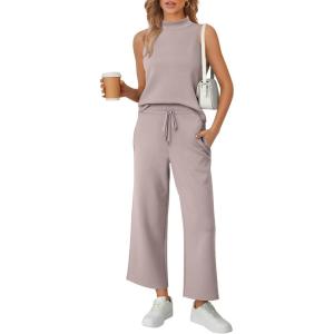 imageAUTOMET Womens 2 Piece Mock Neck Matching Summer Tracksuit Set Sleeveless Tank Top Wide Leg Crop Pant SetsRosy Grey