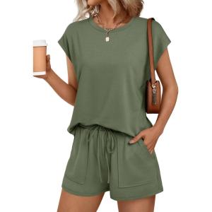 imageAUTOMET Womens Crew Neck Two Piece short Sets Cap Sleeve Drawstring Summer Sweatsuit with PocketArmy Green