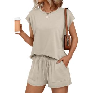 imageAUTOMET Womens Crew Neck Two Piece short Sets Cap Sleeve Drawstring Summer Sweatsuit with PocketKhaki
