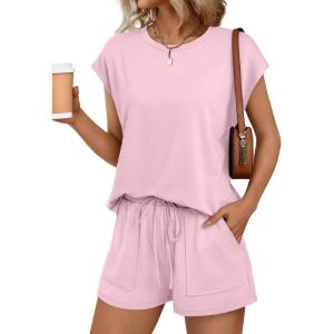 imageAUTOMET Womens Crew Neck Two Piece short Sets Cap Sleeve Drawstring Summer Sweatsuit with PocketPink