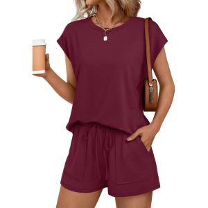 imageAUTOMET Womens Crew Neck Two Piece short Sets Cap Sleeve Drawstring Summer Sweatsuit with PocketWine Red