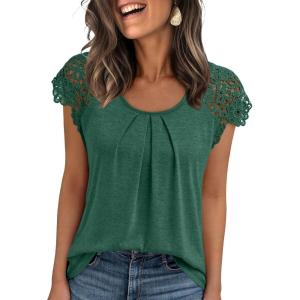 imageAUTOMET Womens Lace Tops Pleated Short Sleeve Shirts Summer Business Casual Dressy BlousesEmerald