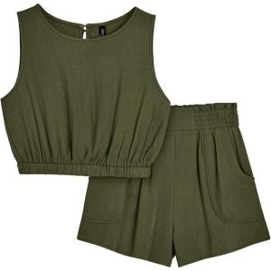 imageAUTOMET Womens Summer 2 Piece Outfits Shorts Sets Sleeveless Round Neck Crop Tank Top and High Waisted Short with PocketsArmygreen