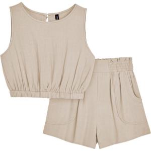 imageAUTOMET Womens Summer 2 Piece Outfits Shorts Sets Sleeveless Round Neck Crop Tank Top and High Waisted Short with PocketsBeige