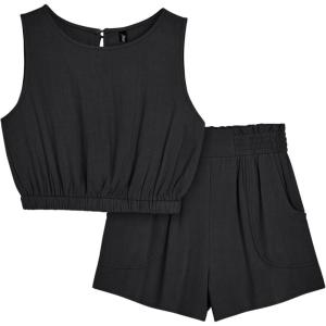imageAUTOMET Womens Summer 2 Piece Outfits Shorts Sets Sleeveless Round Neck Crop Tank Top and High Waisted Short with PocketsBlack