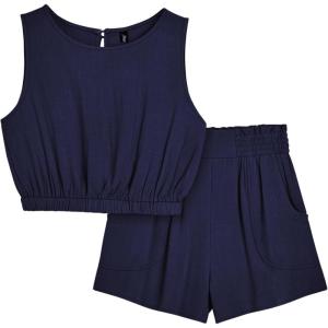 imageAUTOMET Womens Summer 2 Piece Outfits Shorts Sets Sleeveless Round Neck Crop Tank Top and High Waisted Short with PocketsDarkblue