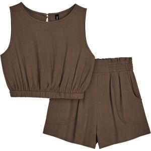imageAUTOMET Womens Summer 2 Piece Outfits Shorts Sets Sleeveless Round Neck Crop Tank Top and High Waisted Short with PocketsDarkbrown