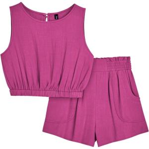 imageAUTOMET Womens Summer 2 Piece Outfits Shorts Sets Sleeveless Round Neck Crop Tank Top and High Waisted Short with PocketsHotpink