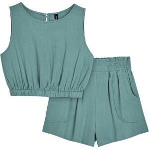 imageAUTOMET Womens Summer 2 Piece Outfits Shorts Sets Sleeveless Round Neck Crop Tank Top and High Waisted Short with PocketsLake