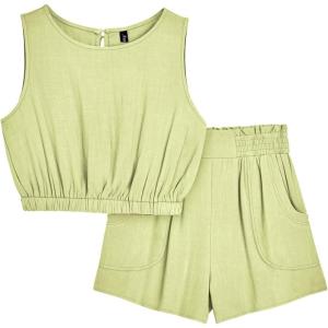 imageAUTOMET Womens Summer 2 Piece Outfits Shorts Sets Sleeveless Round Neck Crop Tank Top and High Waisted Short with PocketsLemonyellow
