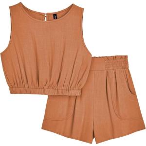 imageAUTOMET Womens Summer 2 Piece Outfits Shorts Sets Sleeveless Round Neck Crop Tank Top and High Waisted Short with PocketsLightbrown