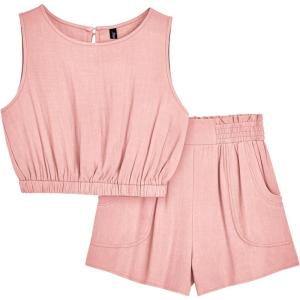 imageAUTOMET Womens Summer 2 Piece Outfits Shorts Sets Sleeveless Round Neck Crop Tank Top and High Waisted Short with PocketsPink