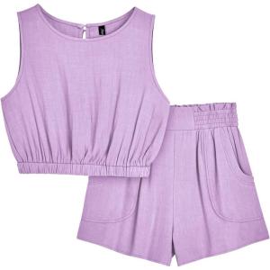 imageAUTOMET Womens Summer 2 Piece Outfits Shorts Sets Sleeveless Round Neck Crop Tank Top and High Waisted Short with PocketsPurple