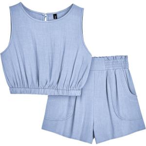 imageAUTOMET Womens Summer 2 Piece Outfits Shorts Sets Sleeveless Round Neck Crop Tank Top and High Waisted Short with PocketsSkyblue