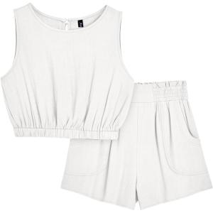 imageAUTOMET Womens Summer 2 Piece Outfits Shorts Sets Sleeveless Round Neck Crop Tank Top and High Waisted Short with PocketsWhite