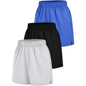 imageAUTOMET Womens Sweat Shorts Casual Summer Drawstring Comfy Elastic High Waist Running Clothes with Pockets3 Pack Blackgreyblue