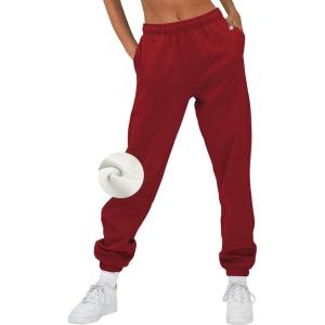 imageAUTOMET Womens Winter Casual Baggy Fleece Lined Sweatpants Fashion High Waisted Joggers Pants Athletic Clothes with PocketsRed