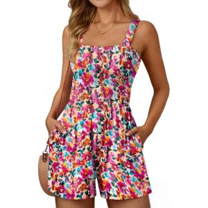imageAUTOMET Rompers for Women Summer Vacation Beach Outfits Casual Loose Square Neck Shorts Jumpsuits Overalls 2025 Resort WearRose