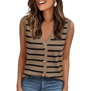 imageAUTOMET Vest for Women Striped Sweater Vests 2025 Trendy Summer Work Crochet Tops Button Up Business Casual OutfitsKhakiblack