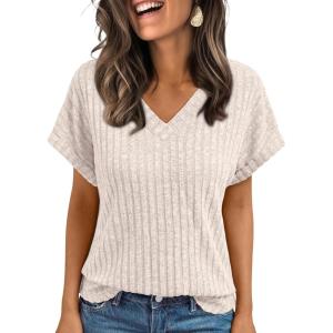 imageAUTOMET Women Tops Summer Sweaters Short Sleeve V Neck Shirts 2025 Spring Fashion Dressy Casual Business Tunic BlousesApricot