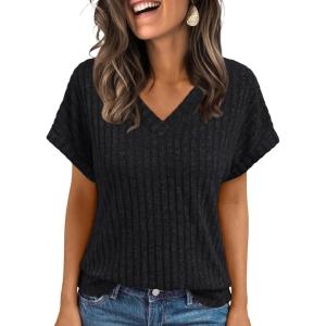 imageAUTOMET Women Tops Summer Sweaters Short Sleeve V Neck Shirts 2025 Spring Fashion Dressy Casual Business Tunic BlousesBlack