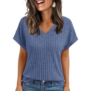 imageAUTOMET Women Tops Summer Sweaters Short Sleeve V Neck Shirts 2025 Spring Fashion Dressy Casual Business Tunic BlousesBlue