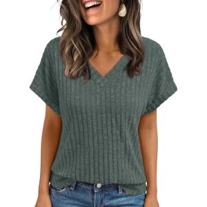 imageAUTOMET Women Tops Summer Sweaters Short Sleeve V Neck Shirts 2025 Spring Fashion Dressy Casual Business Tunic BlousesGreen