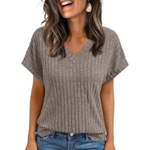 imageAUTOMET Women Tops Summer Sweaters Short Sleeve V Neck Shirts 2025 Spring Fashion Dressy Casual Business Tunic BlousesGrey