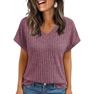 imageAUTOMET Women Tops Summer Sweaters Short Sleeve V Neck Shirts 2025 Spring Fashion Dressy Casual Business Tunic BlousesPurple Red