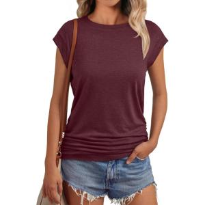 imageAUTOMET Womens Casual Summer Tops Dressy Cap Sleeve Spring T Shirts Ruched Business Fashion Trendy Clothes Outfits 2025Winered