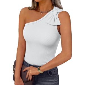 imageAUTOMET Womens One Off The Shoulder Tops Summer Outfits 2025 Trendy Sexy Clothes Ribbed Tank Sleeveless Shirts with Cute BowWhite